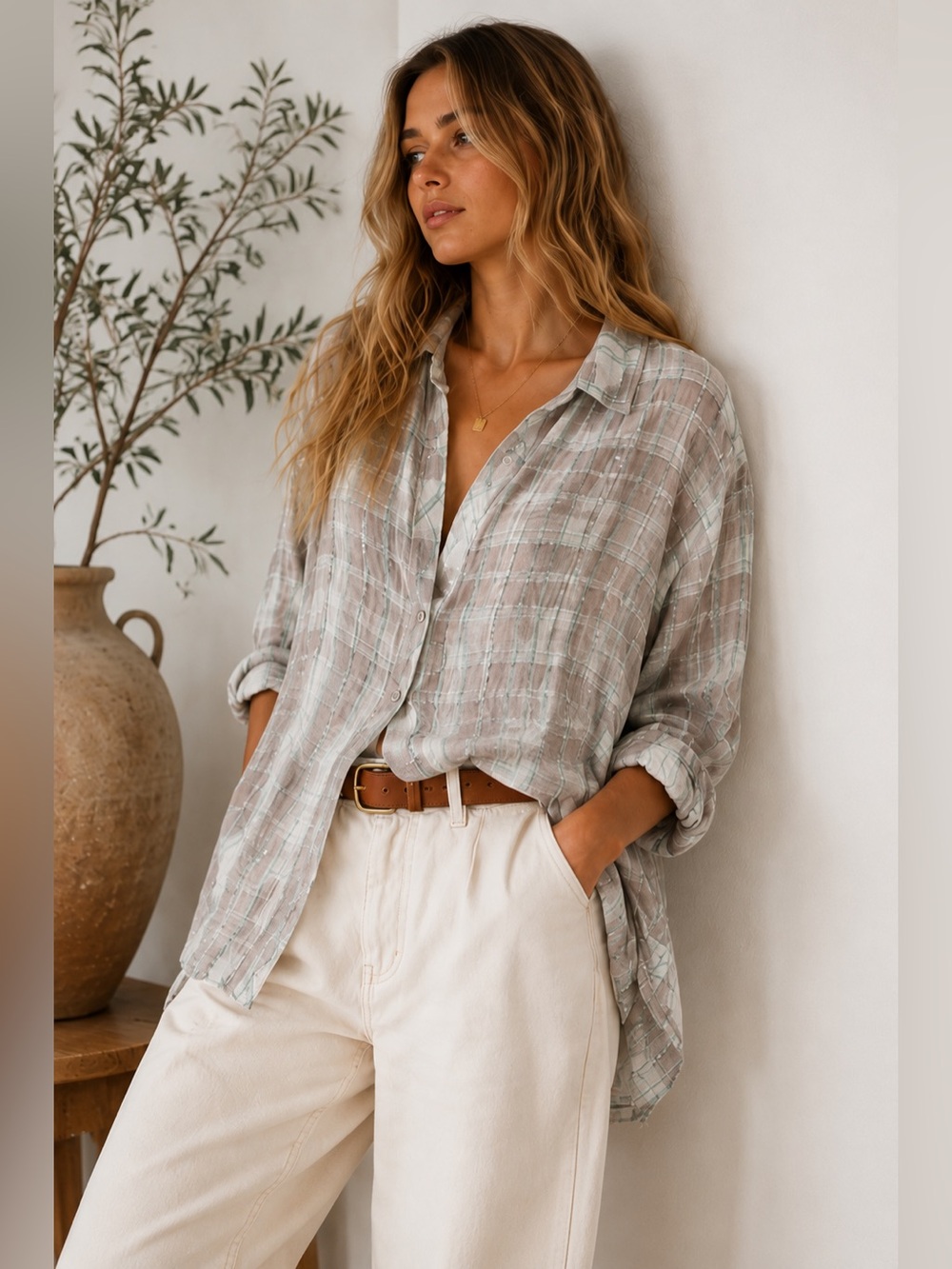 We The Free Relaxed Plaid Button-Down Shirt in Sage and Cream
